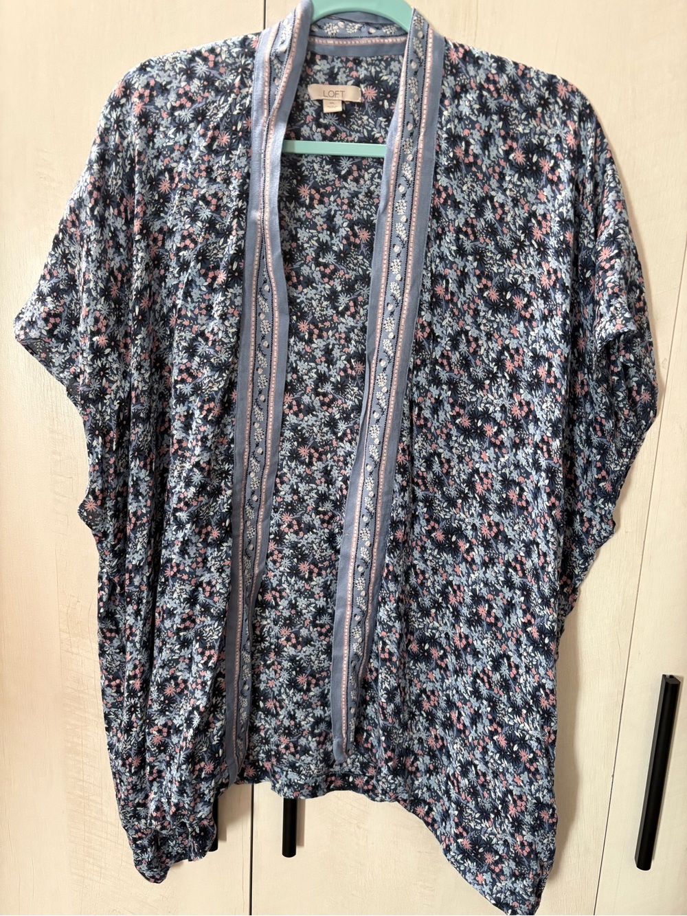 LOFT Navy Floral Open-Front Kimono with Pink Accents